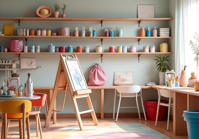 A dedicated art area with easels, paints, and craft supplies.