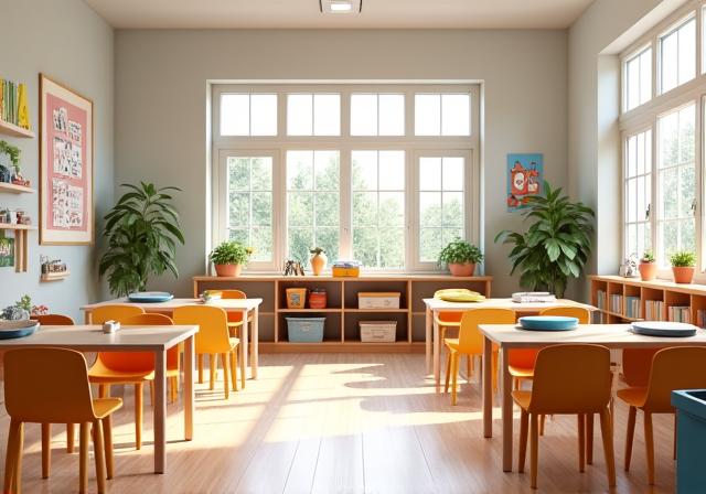 A bright, clean preschool classroom with low tables and organized learning materials.