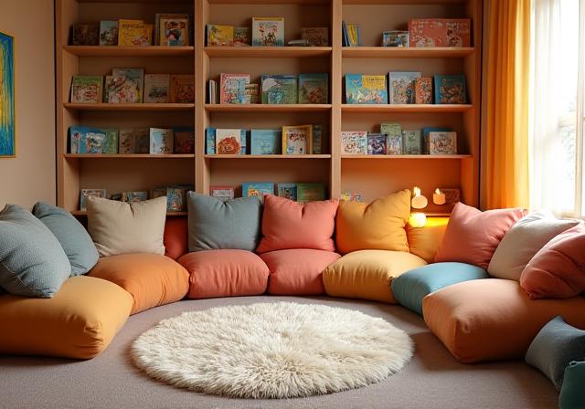 A cozy reading corner with plush cushions and a variety of children's books.