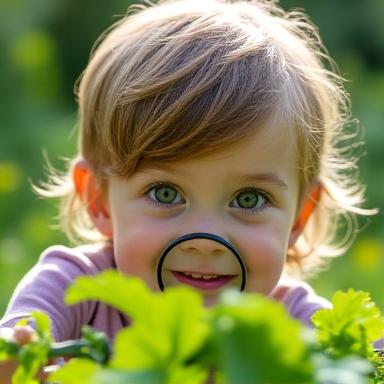 A young child curiously examining a plant with a magnifying glass.
