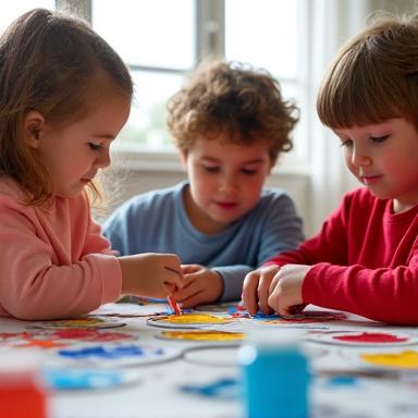 Children working together on a group art project, showing social development.