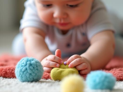 An infant safely playing with textured sensory toys.