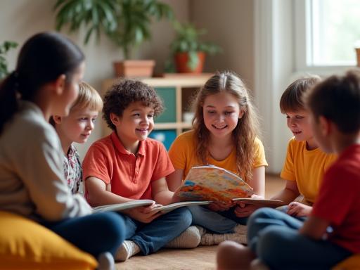 An educator reading a book to a circle of engaged preschool children.
