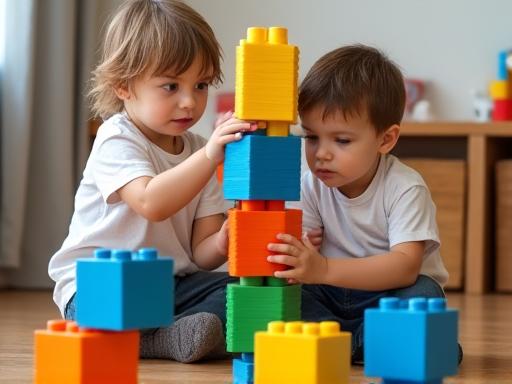 Two toddlers cooperating to build a tower with large colourful blocks.